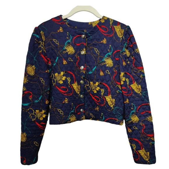 Vintage 80s Women's Sz 5/6 Blue Cropped Quilted Jacket Gold Buttons Mob Wife - Picture 1 of 8